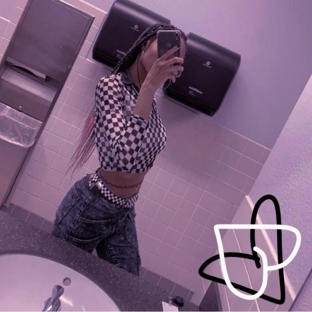 Black and white checkered long sleeve crop top (see-through) #checkered #croptop